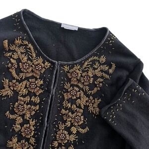 Ann Taylor Black Gold Embellished Beaded Floral Silk Bl Cardigan Sweater Evening